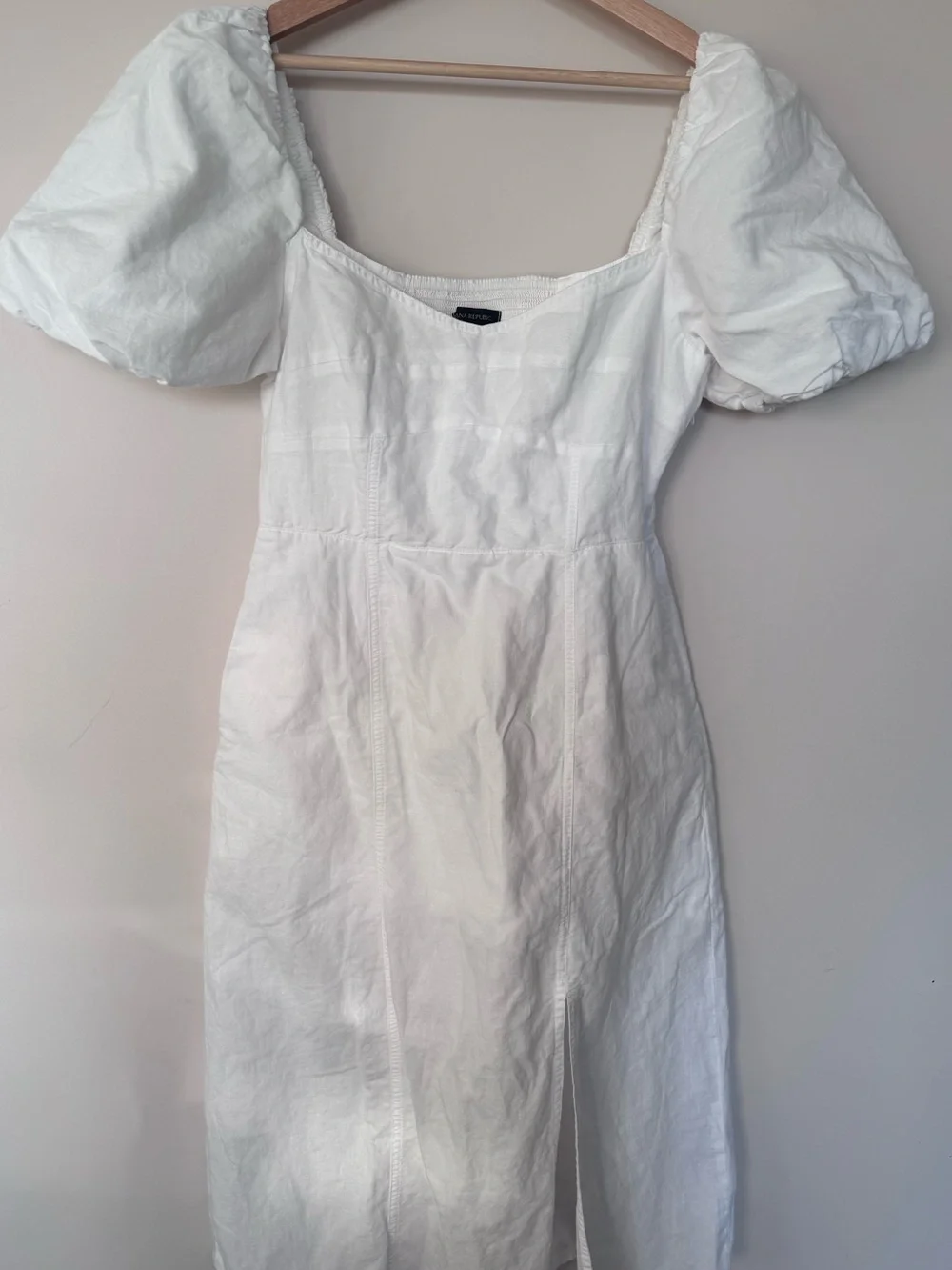 Banana Republic White Puff Sleeve Linen Cotton Midi Dress with Front Slit - Picture 2 of 8